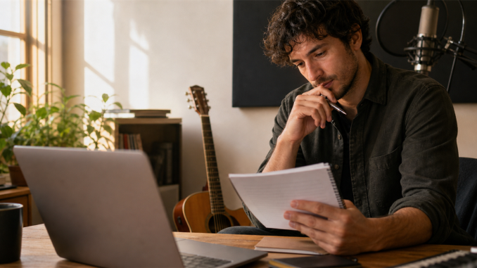 Independent musician reviewing an artist biography at a home studio desk