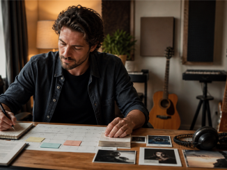 Independent musician planning a music marketing campaign at a studio desk