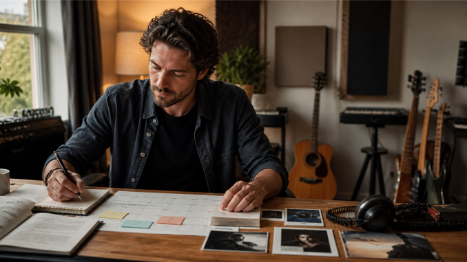 Independent musician planning a music marketing campaign at a studio desk