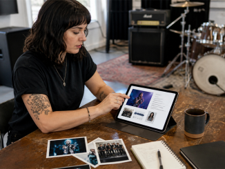 Independent bandleader assembling an electronic press kit in a rehearsal room