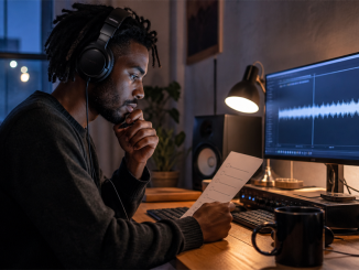 Independent musician checking a finished track before submitting music to radio