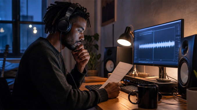 Independent musician checking a finished track before submitting music to radio