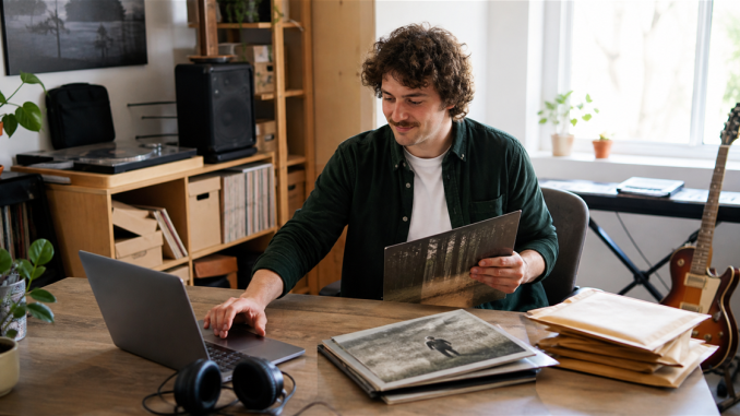 Independent musician managing direct music orders from a home studio