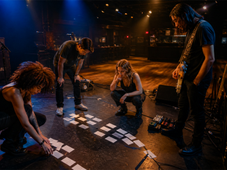 Four-piece independent band arranging song cards on an empty club stage