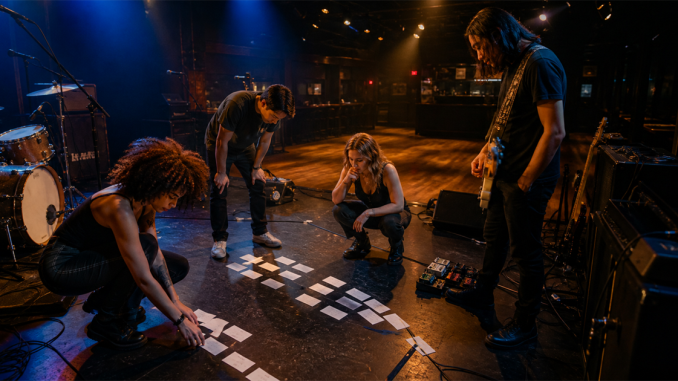 Four-piece independent band arranging song cards on an empty club stage