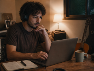 Independent musician writing an email from a quiet home studio