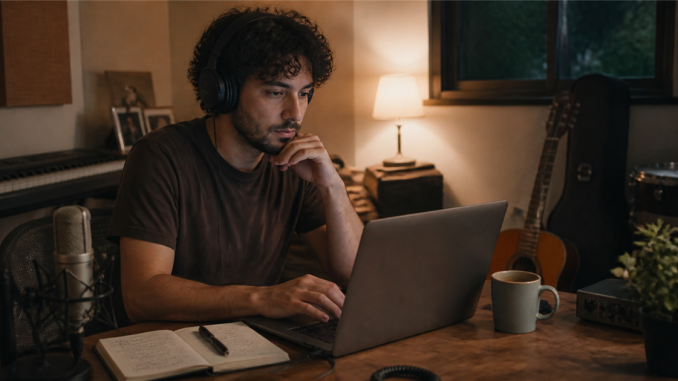 Independent musician writing an email from a quiet home studio