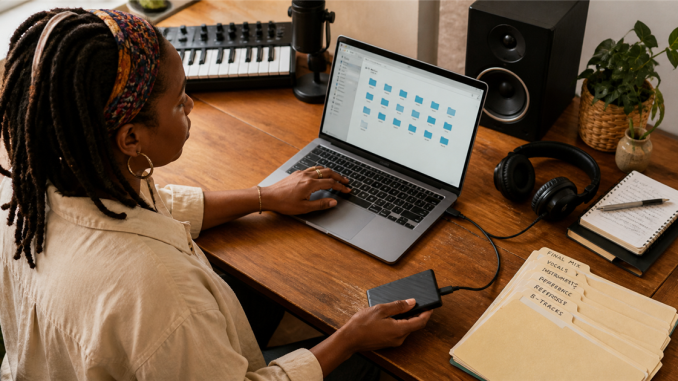 Independent musician organizing recording files and backups in a home studio