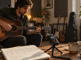 An independent guitarist records a complete rough demo beside a portable recorder and handwritten song map.