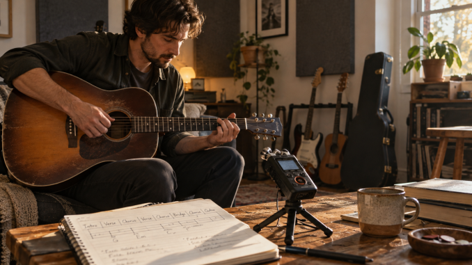 An independent guitarist records a complete rough demo beside a portable recorder and handwritten song map.