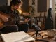 An independent guitarist records a complete rough demo beside a portable recorder and handwritten song map.