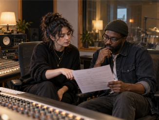 An independent musician and recording engineer compare a session plan inside a professional recording studio control room.