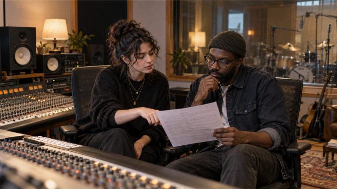 An independent musician and recording engineer compare a session plan inside a professional recording studio control room.