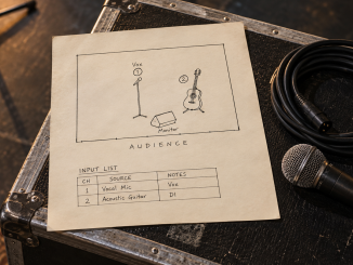 A hand-drawn stage plot and two-source input list beside a microphone and coiled cable on a road case.