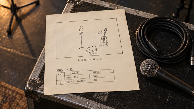 A hand-drawn stage plot and two-source input list beside a microphone and coiled cable on a road case.