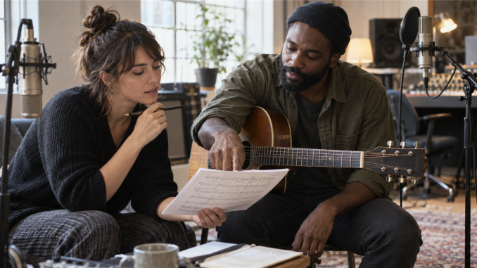 A songwriter and session guitarist discuss a marked song arrangement beside microphones in a recording room.