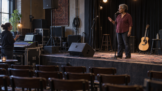 A vocalist listens and gestures to a sound engineer during a microphone check in an empty small venue.