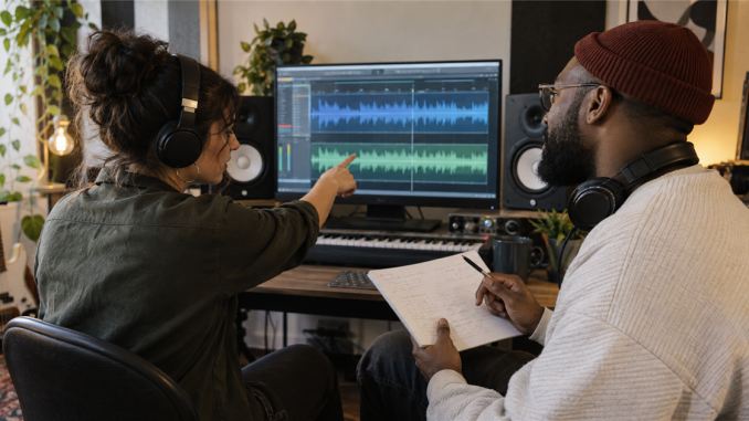 A musician and producer compare two reference songs against notes for an original recording in a project studio.