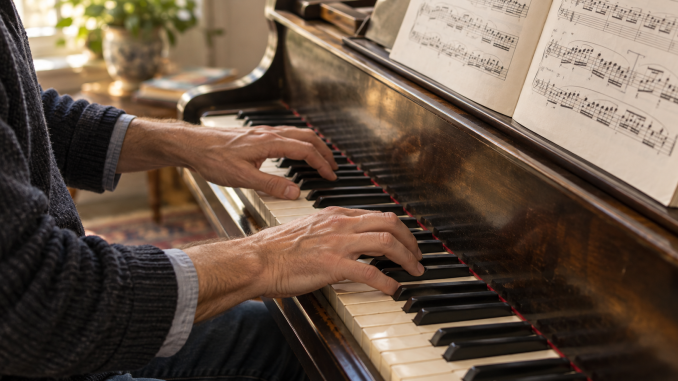 A pianist practices a short marked passage with both hands on an acoustic piano in daylight.