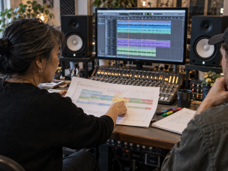 An artist points to one marked section of a song map while reviewing a mix with an engineer in a project studio.