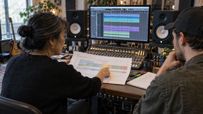 An artist points to one marked section of a song map while reviewing a mix with an engineer in a project studio.