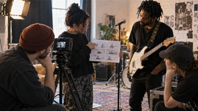An independent artist and small video crew arrange a performance shot using a storyboard in a modest rehearsal space.