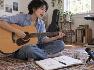 A songwriter sings while playing acoustic guitar beside a lyric notebook and a small recorder.