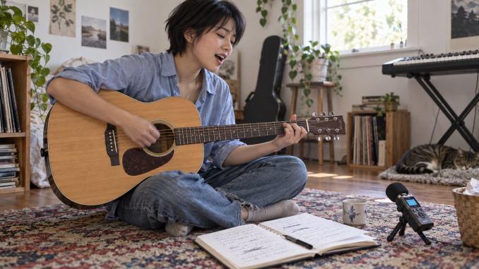 A songwriter sings while playing acoustic guitar beside a lyric notebook and a small recorder.