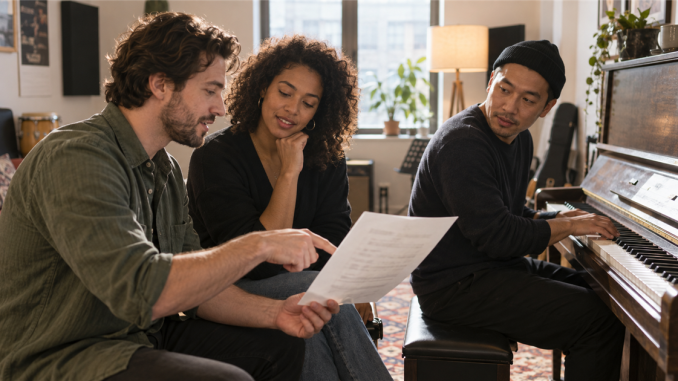 A songwriter reviews a clean sectioned lyric sheet with a singer and pianist during rehearsal.
