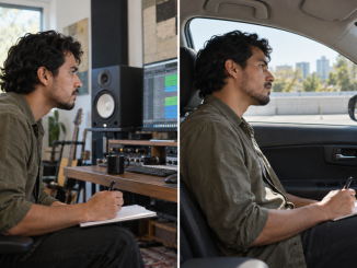 The same musician compares a mix in a project studio and a parked car while recording observations after each listen.
