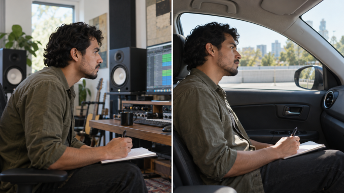 The same musician compares a mix in a project studio and a parked car while recording observations after each listen.