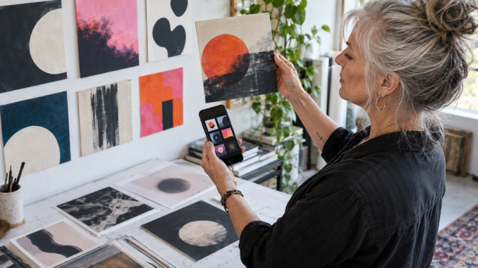 An older songwriter compares an abstract square cover print with several tiny cover thumbnails on a phone.