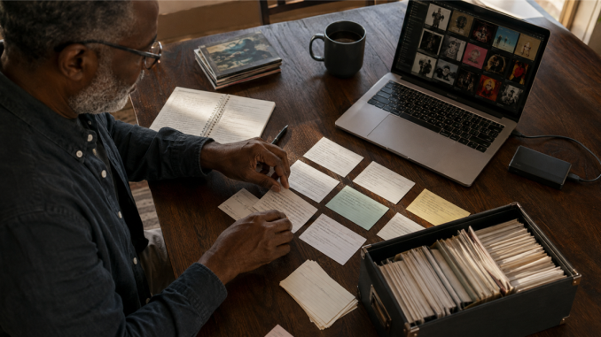 Musician organizing song records, credits, artwork, and files at a table