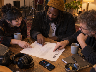 Three independent musicians confirm contributor roles together on a release-credit worksheet after a recording session.