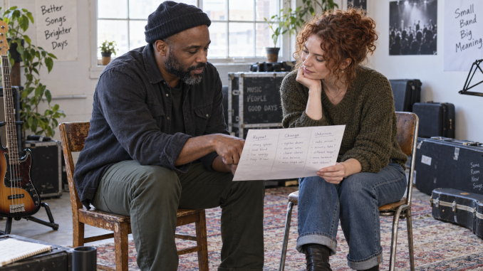 Two musicians discuss a handwritten release review organized into repeat, change, and unknown observations.