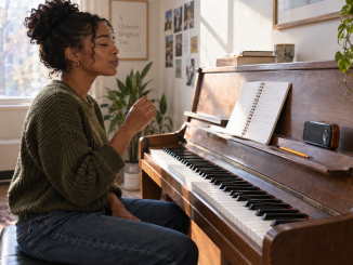 A pianist pauses to recall a melodic phrase before testing notes at an upright piano.