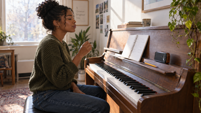 A pianist pauses to recall a melodic phrase before testing notes at an upright piano.
